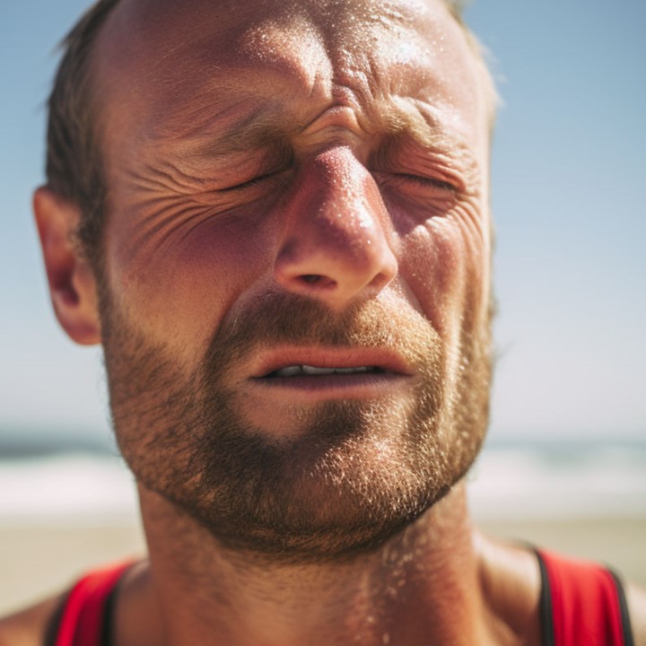 Mann mit Sonnenbrand im Gesicht am Strand